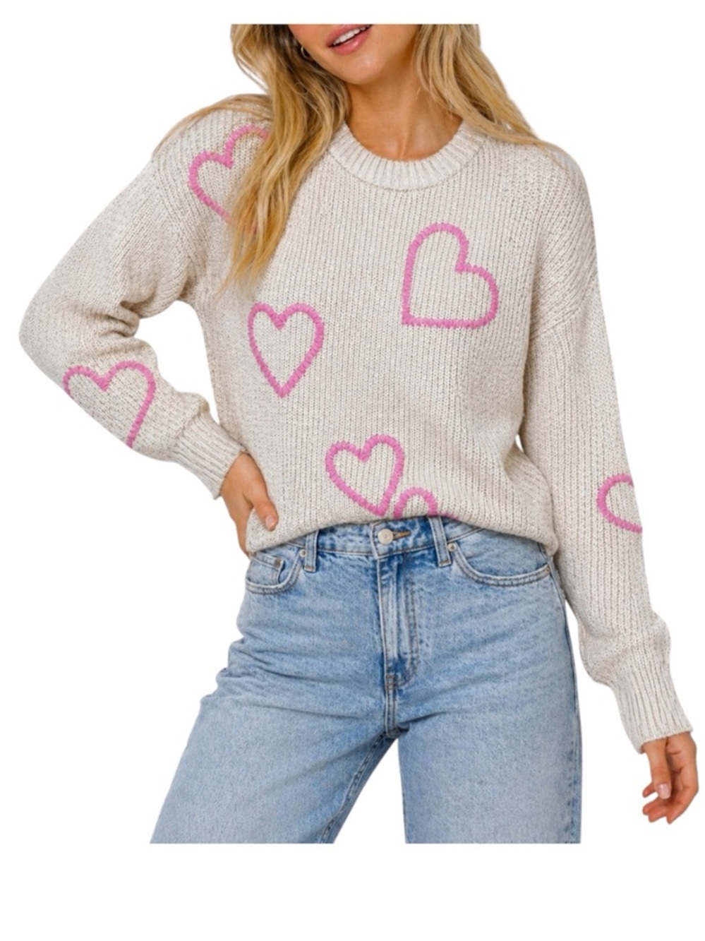NWT Cynthia Rowley Embroidered Cream/Pink Hearts Love Crew Neck Sweater Size L